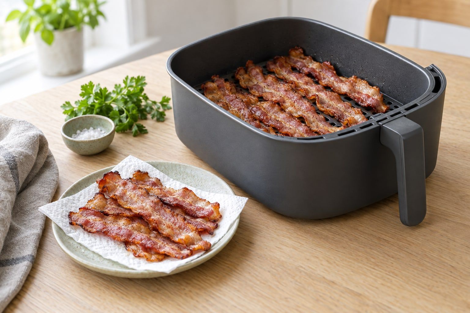 Bacon i airfryer, krispiga rosa och gyllene skivor i korgen