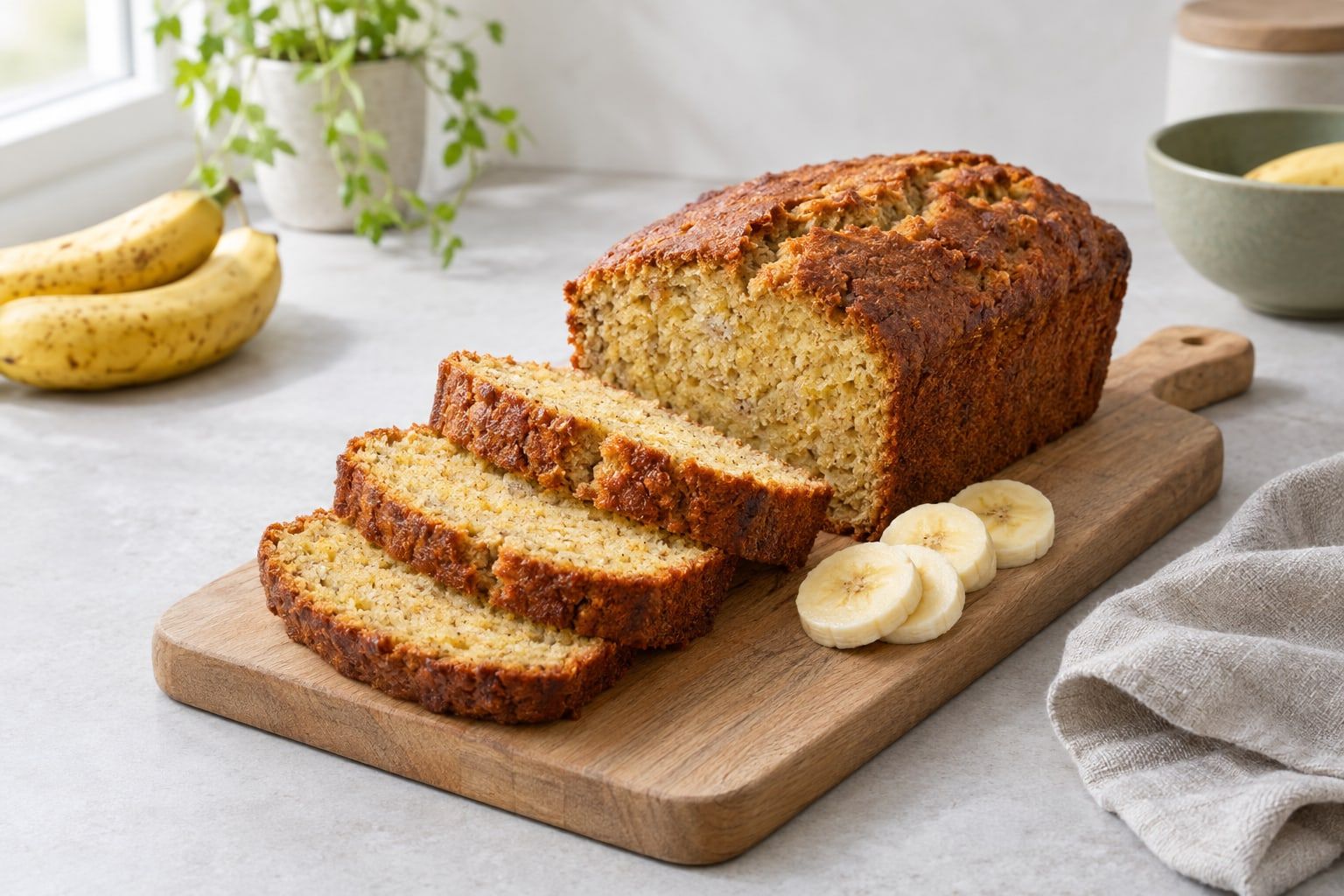 Bananbröd i airfryer, skivat bröd med saftig smulor och spräckt gyllene topp på en träskärbräda