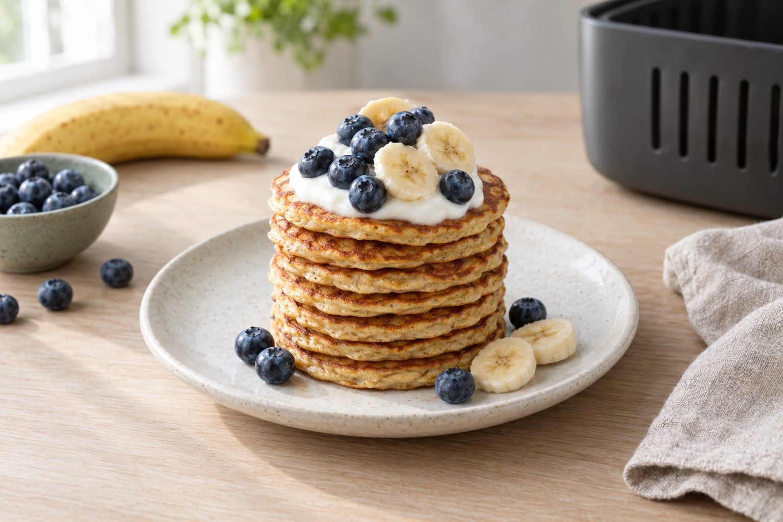 Bananpannkakor i airfryer, små gyllene pannkakor med blåbär och yoghurt