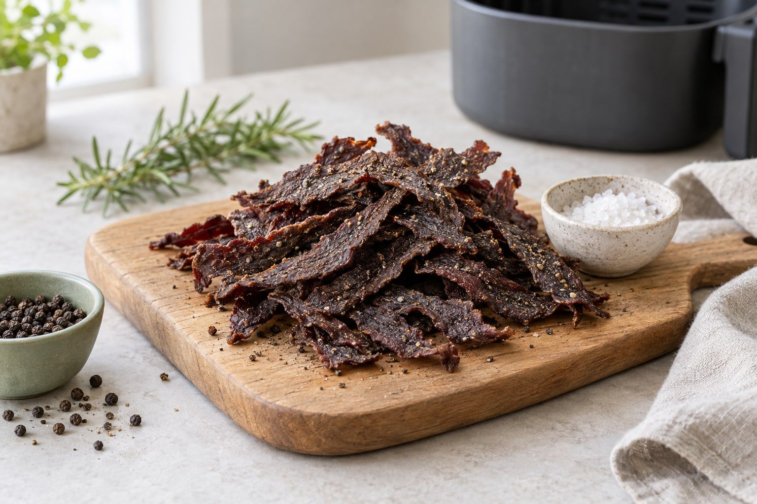 Beef jerky i airfryer, mörkbruna tunna strimlor med svartpeppar på en träbräda