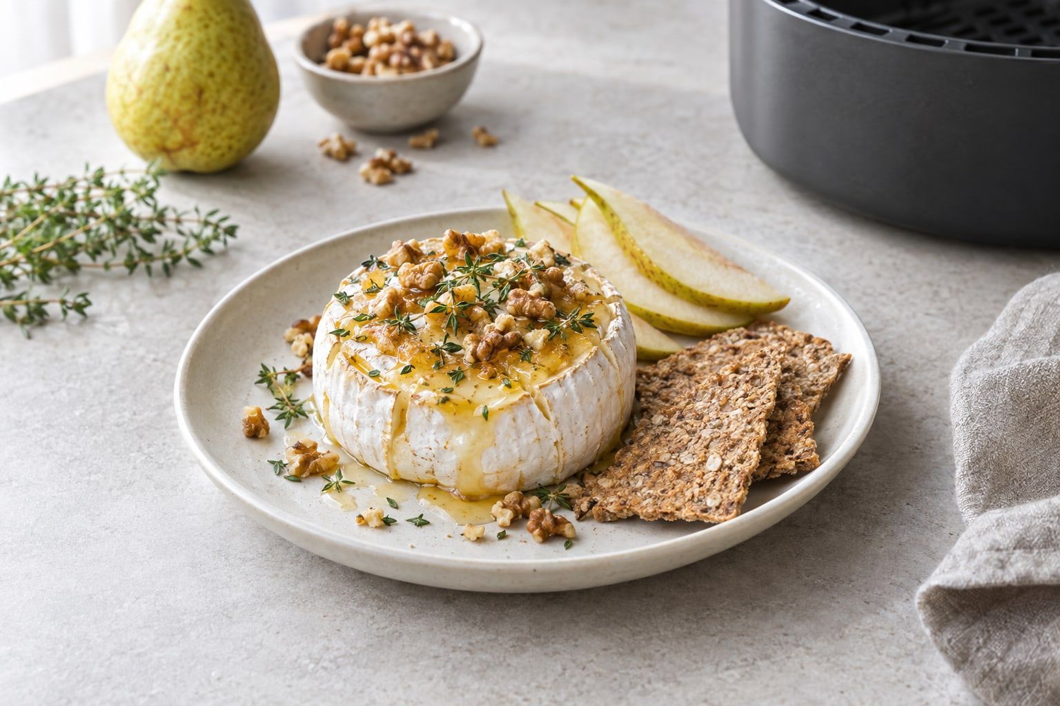 Brie i airfryer, en hel liten brie med honung, rostade valnötter och timjan på ett vitt fat med päronskivor
