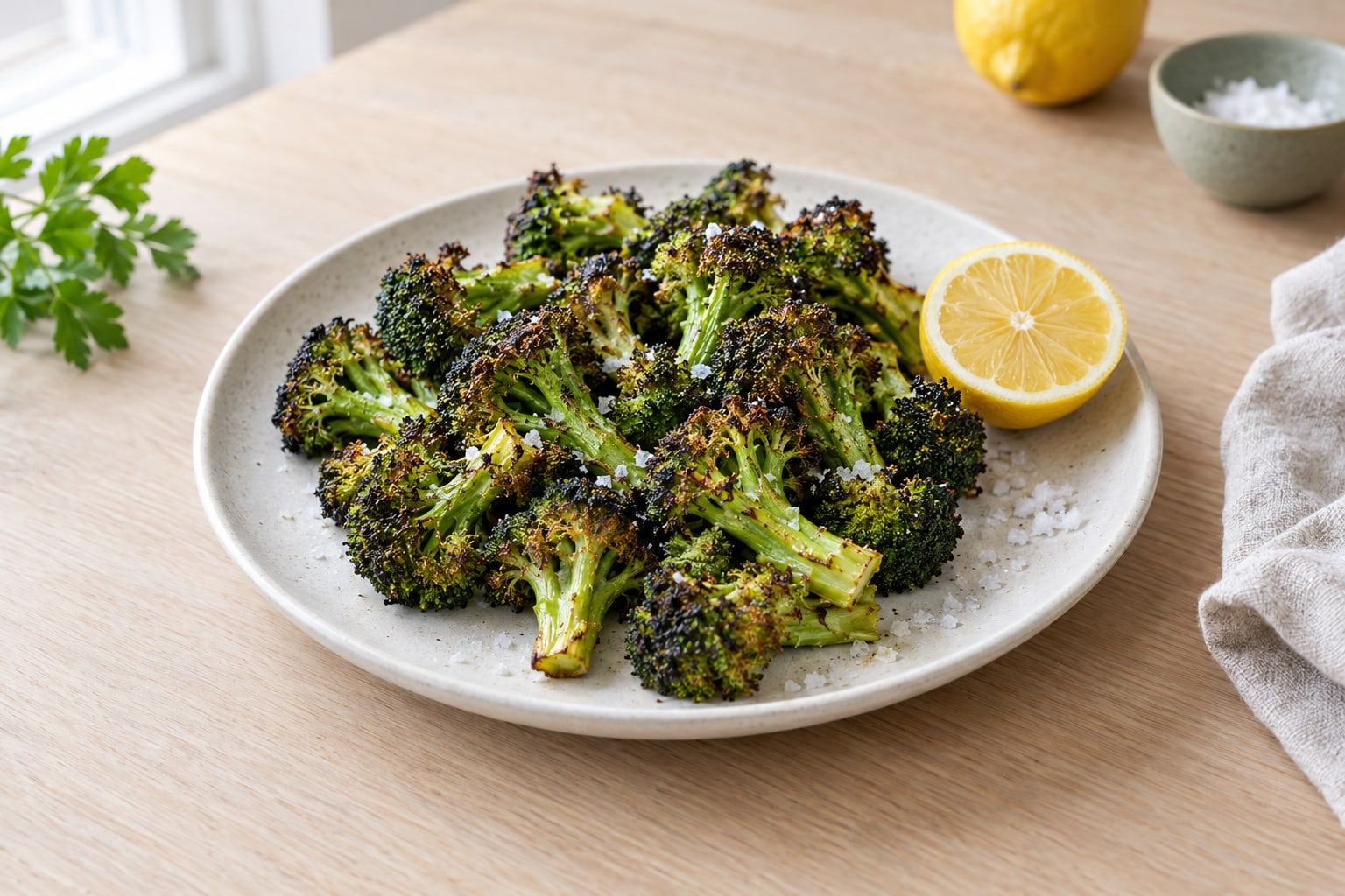 Broccoli i airfryer, rostade buketter med mörka krispiga toppar på en vit tallrik med citron