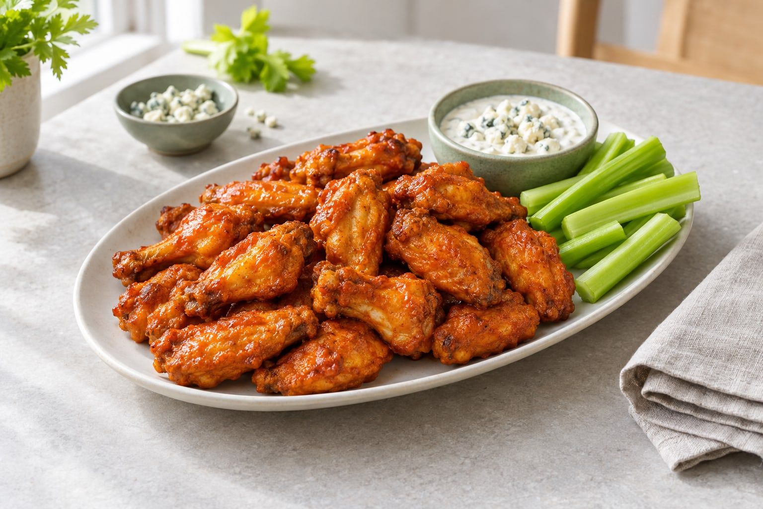 Buffalo wings i airfryer, glansiga i rödorange sås med selleri och blåmögeldipp