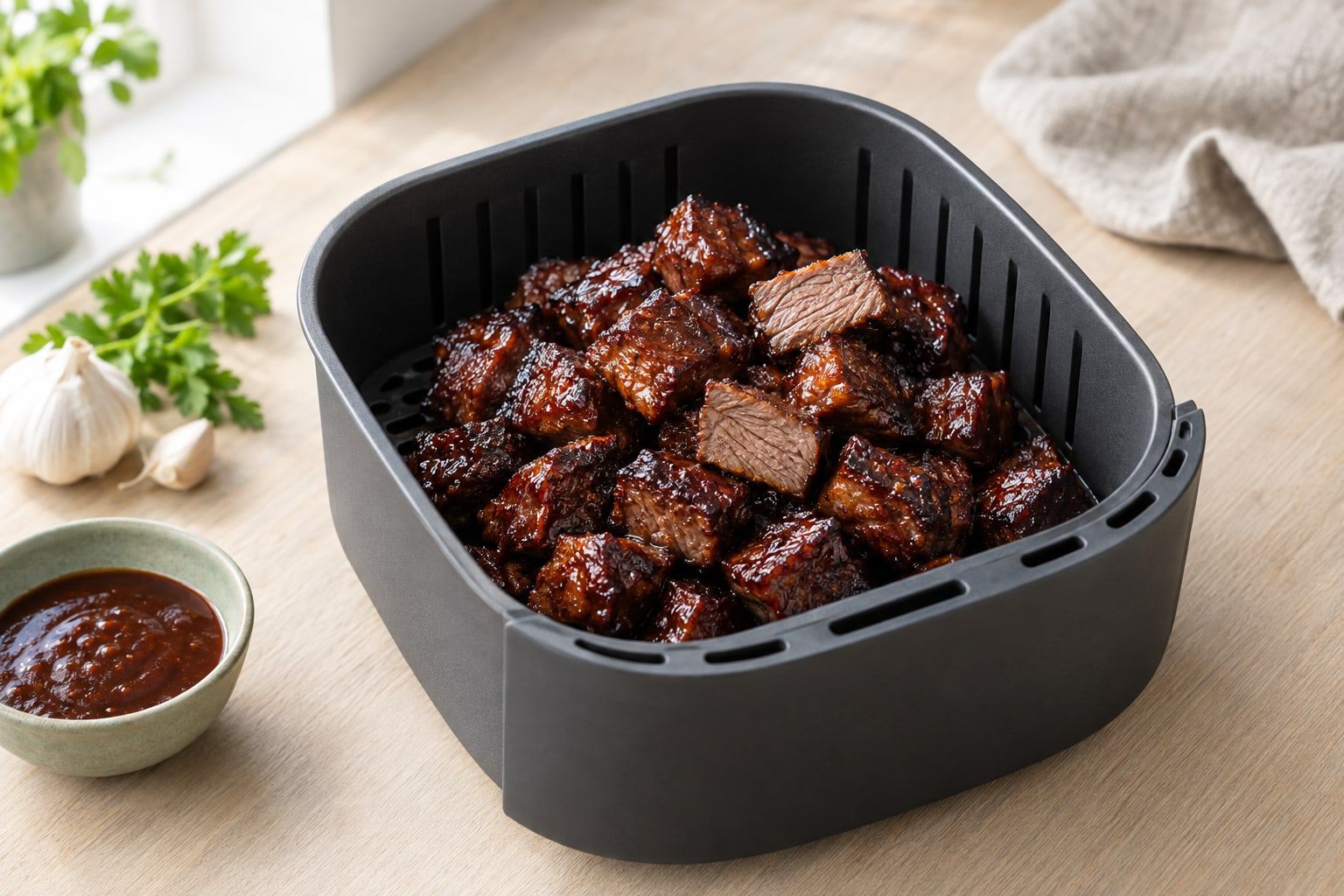 Burnt ends i airfryer, glaserade tärningar av högrev med mörk, klibbig yta i airfryerkorgen