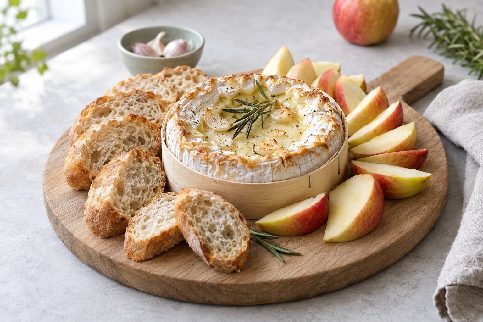Camembert i airfryer, en hel bakad camembert i trälåda med vitlök och rosmarin, omgiven av baguette och äppelklyftor