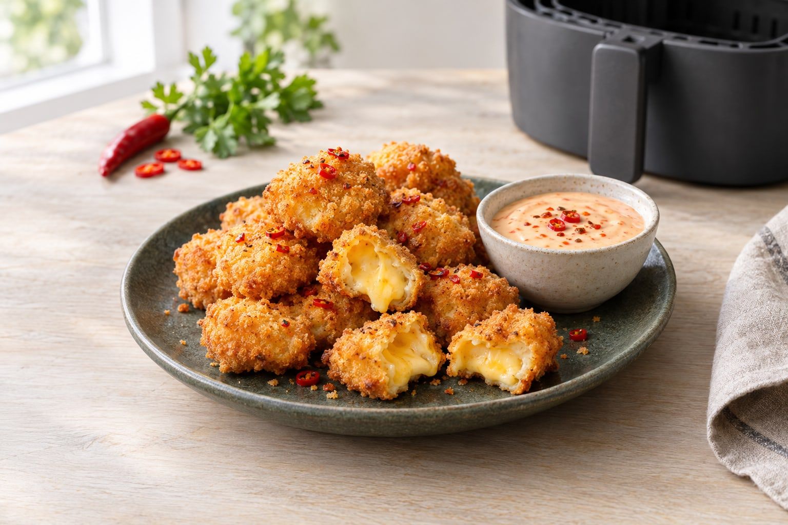 Chili cheese i airfryer, gyllene panerade ostbitar med het ost i mitten och krämig chilidipp