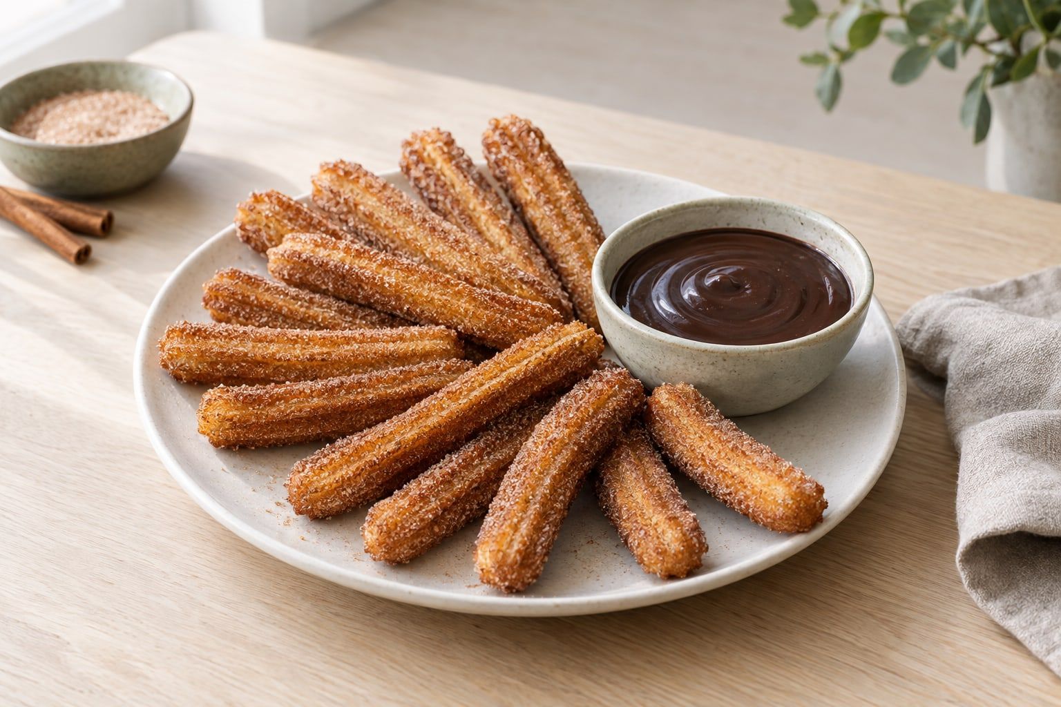 Churros i airfryer, tolv räfflade kanelsockrade churros på ett fat med chokladsås