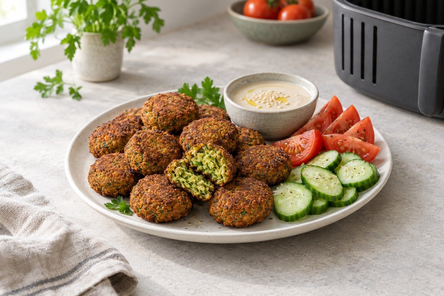 Falafel i airfryer, tolv gyllenbruna falafelbollar där en är genomskuren och grön av örter, med tahinisås och grönsaker