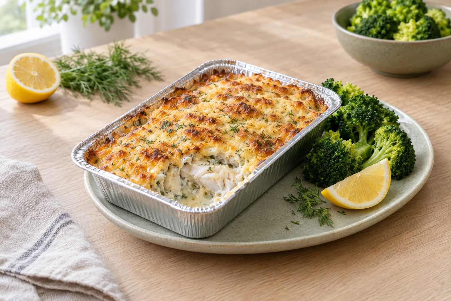 Fiskgratäng i airfryer, med gyllene yta i aluformen och en portion uppskuren med broccoli