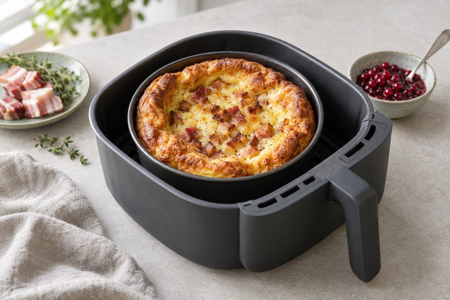 Fläskpannkaka i airfryer, hög och gyllene i en rund form med bruna fläskbitar