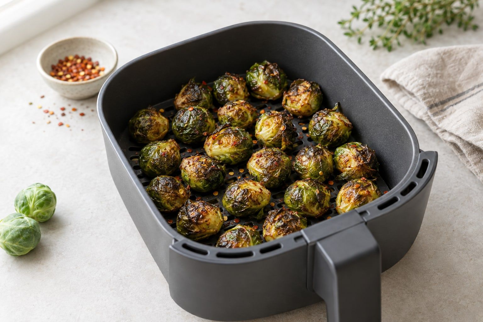 Fryst brysselkål i airfryer, hela rostade brysselkål med mörka krispiga blad i en mörkgrå korg