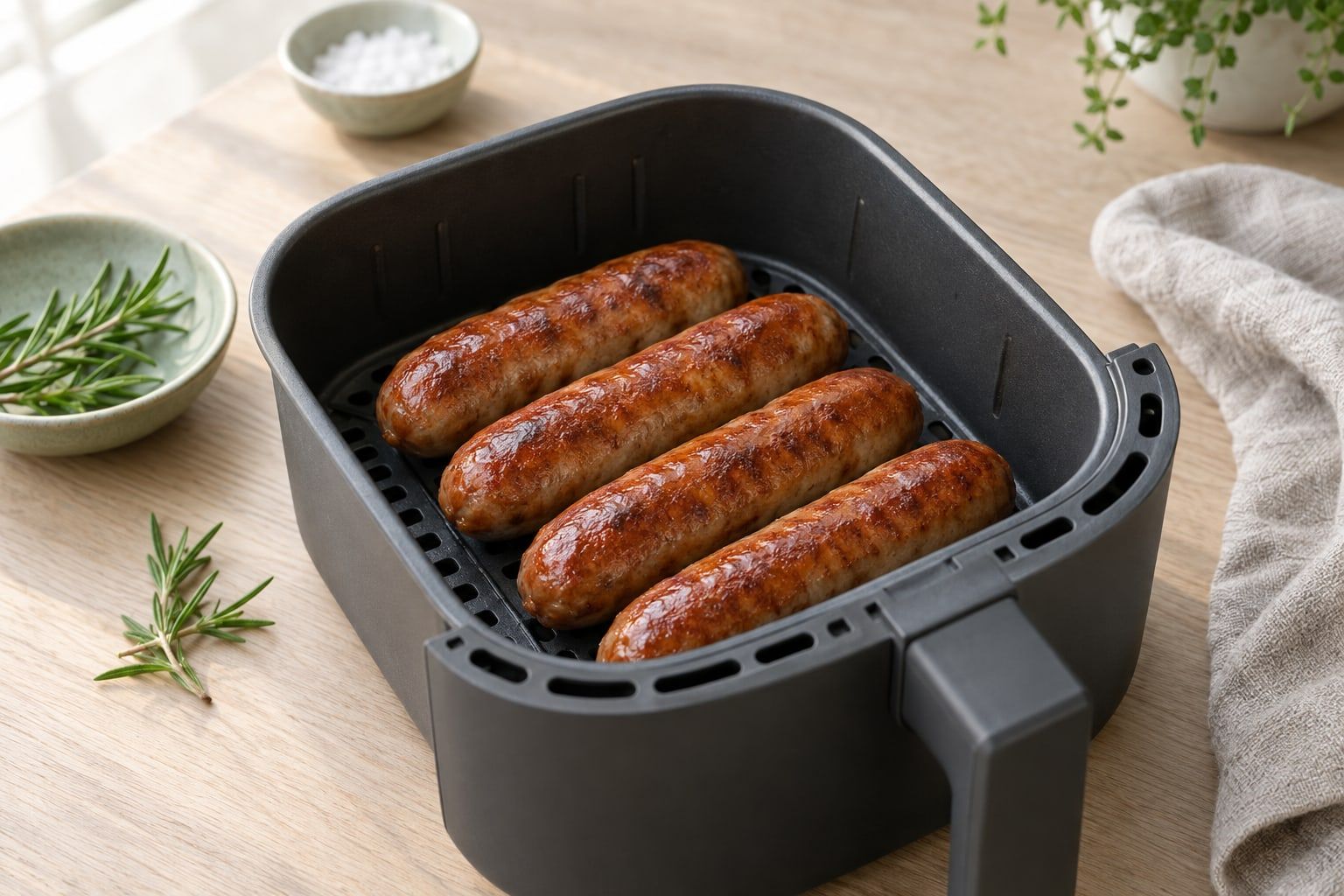 Fryst korv i airfryer, fyra bruna korvar med glansigt skinn i airfryerkorgen