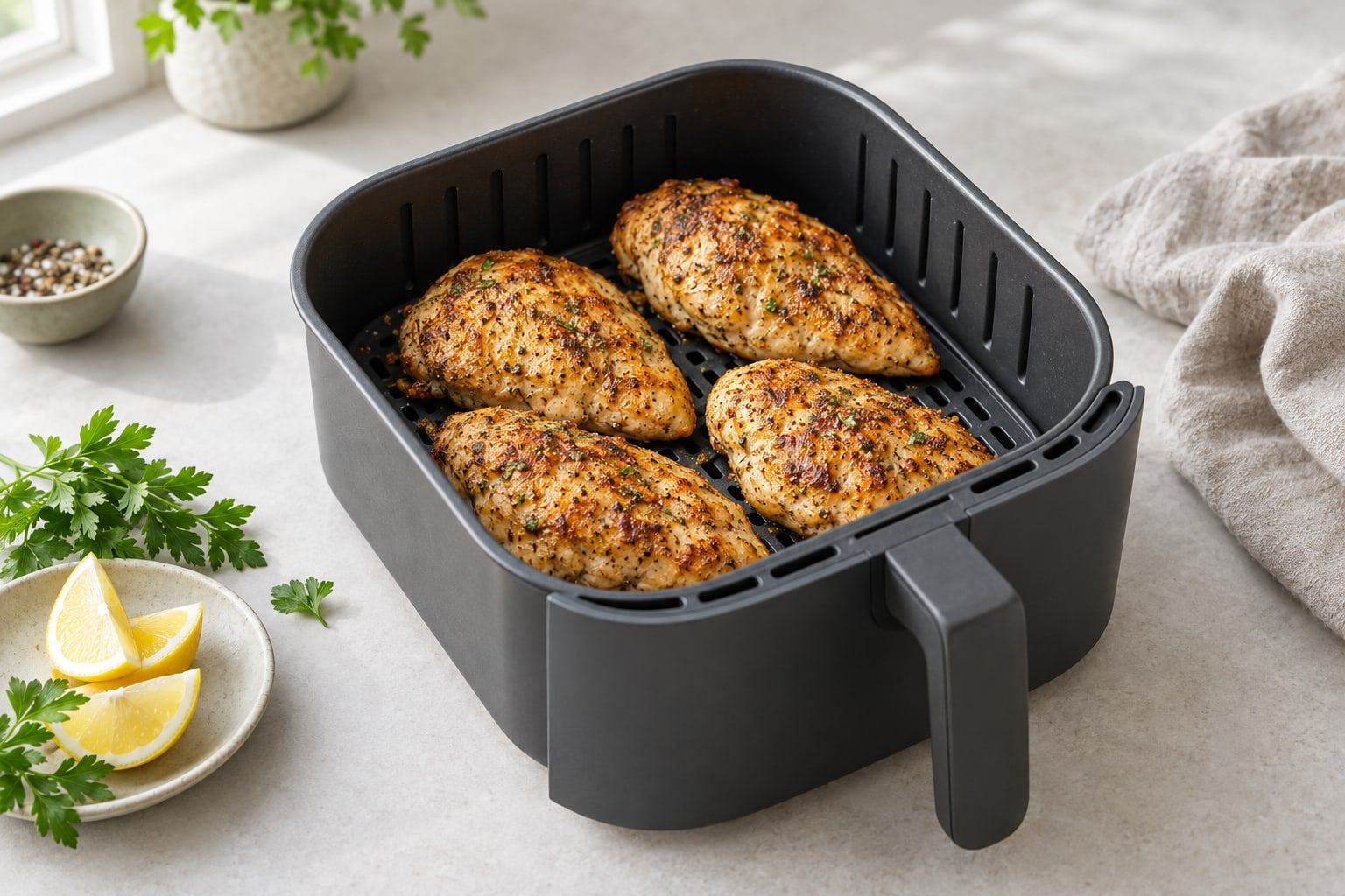 Fryst kycklingfilé i airfryer, gyllene kryddade filéer i airfryerkorgen