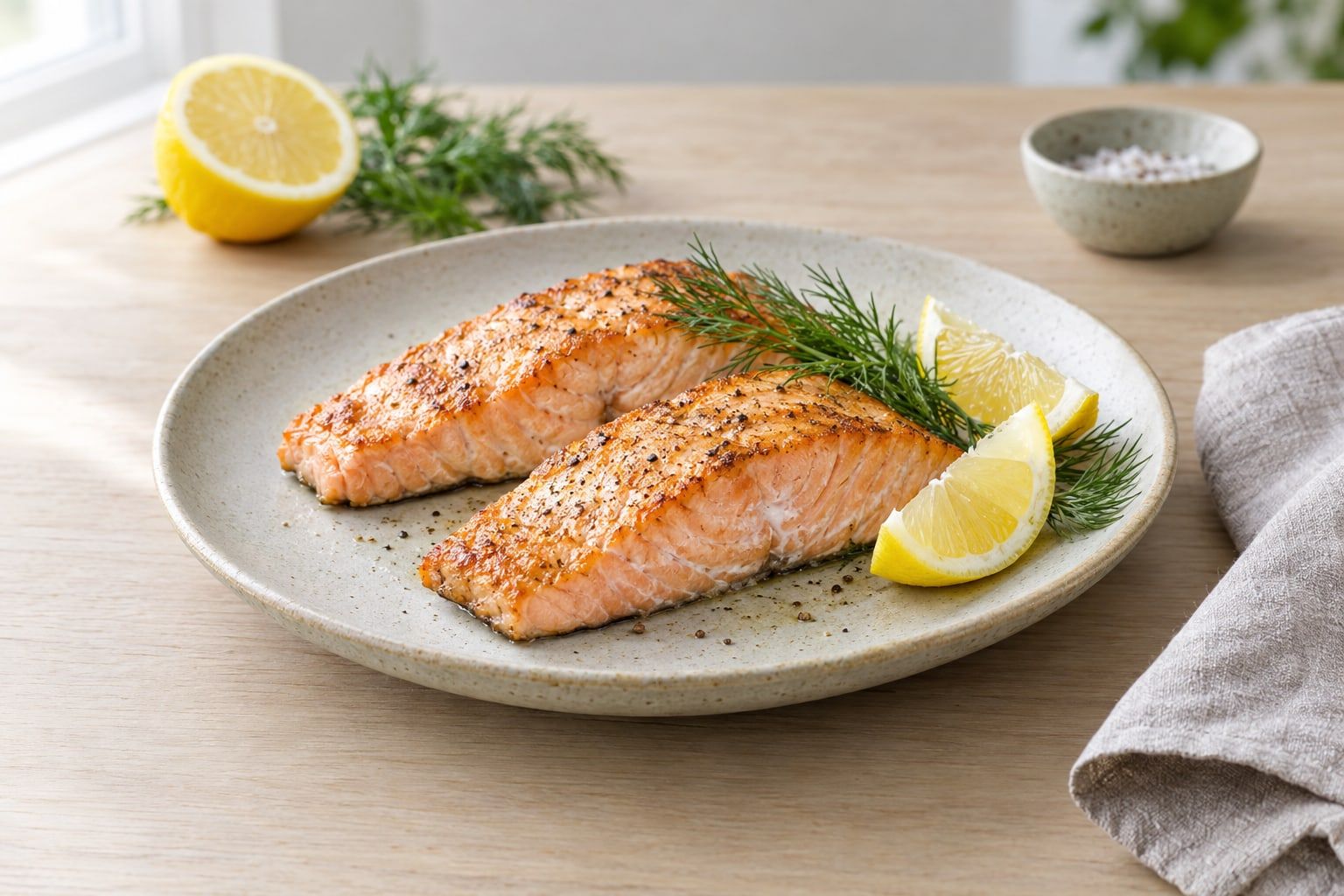 Fryst lax i airfryer, två saftiga laxfiléer med lätt gyllene yta, citronklyftor och dill