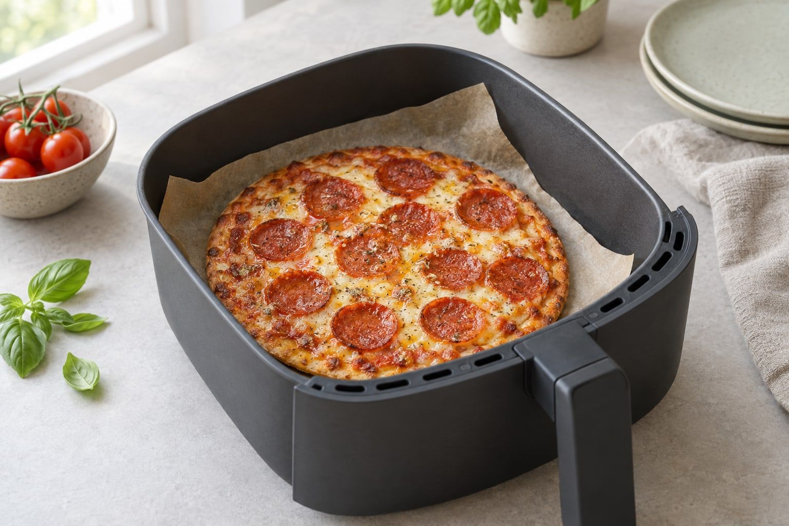 Fryst pizza i airfryer, tunn pizza med bubblande ost, salami och gyllene kant på bakplåtspapper i korgen