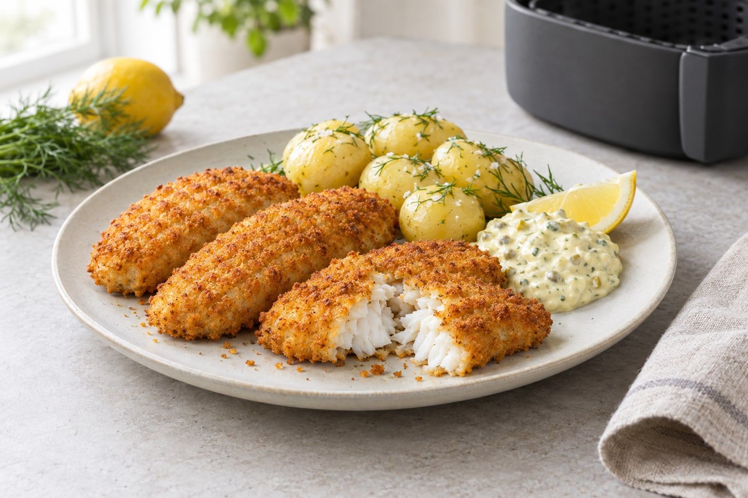 Fryst sprödbakad torsk i airfryer, fyra gyllene torskfiléer med krispig panad, kokt potatis, remouladsås och citron
