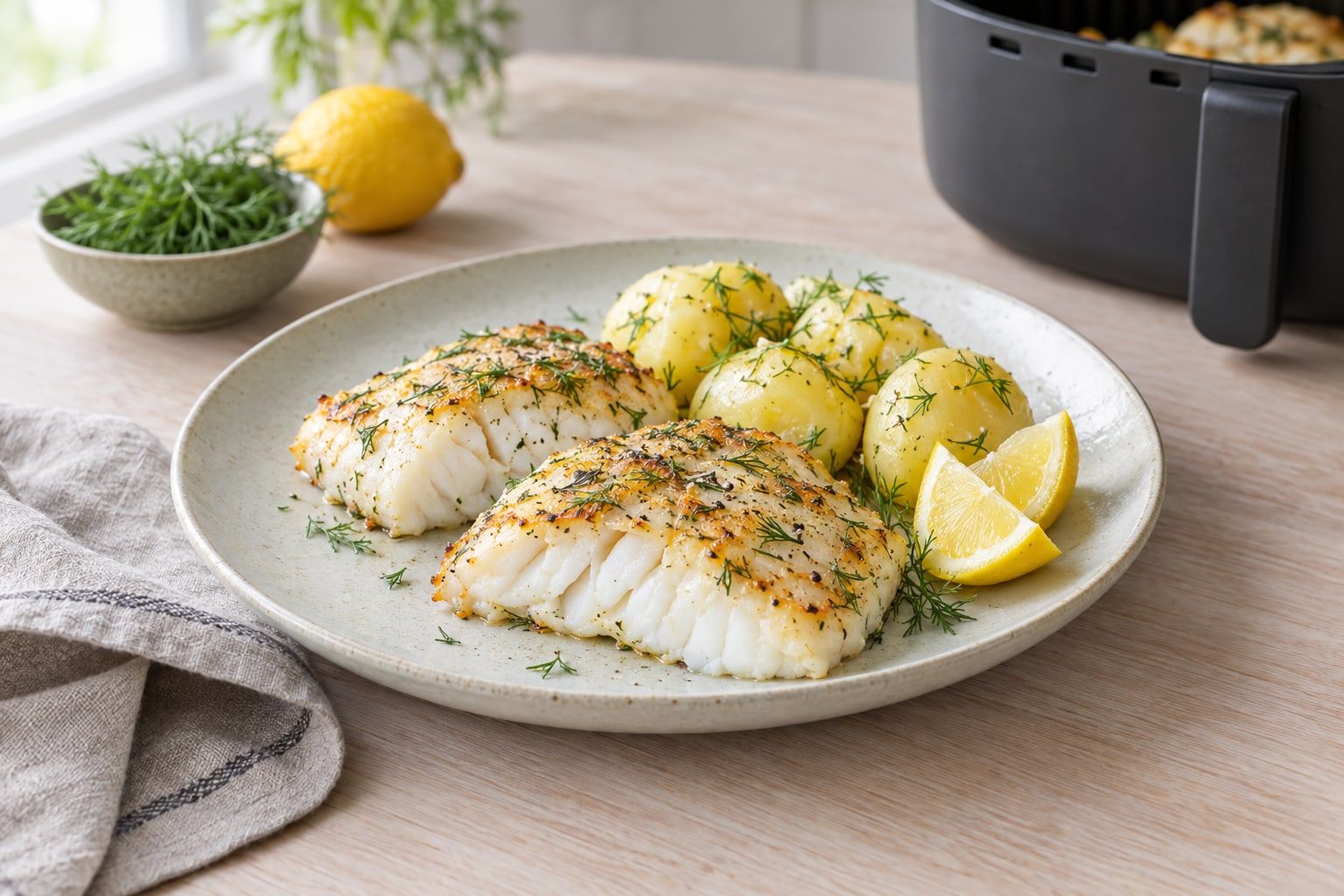 Fryst torsk i airfryer, två vita torskfiléer med dill, citronklyftor och kokt potatis
