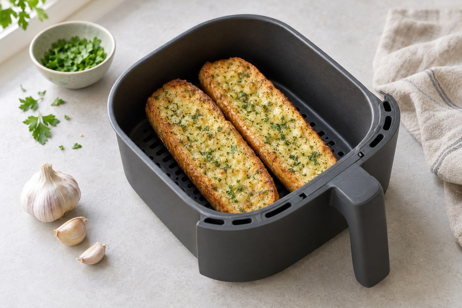 Fryst vitlöksbröd i airfryer, två gyllene baguettehalvor med smält vitlökssmör i en mörkgrå korg