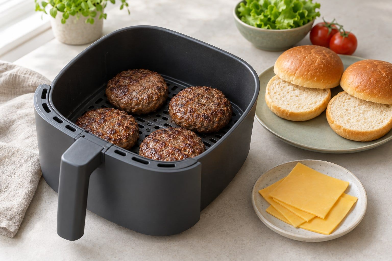 Frysta hamburgare i airfryer, fyra stekta burgare i en korg med hamburgerbröd bredvid