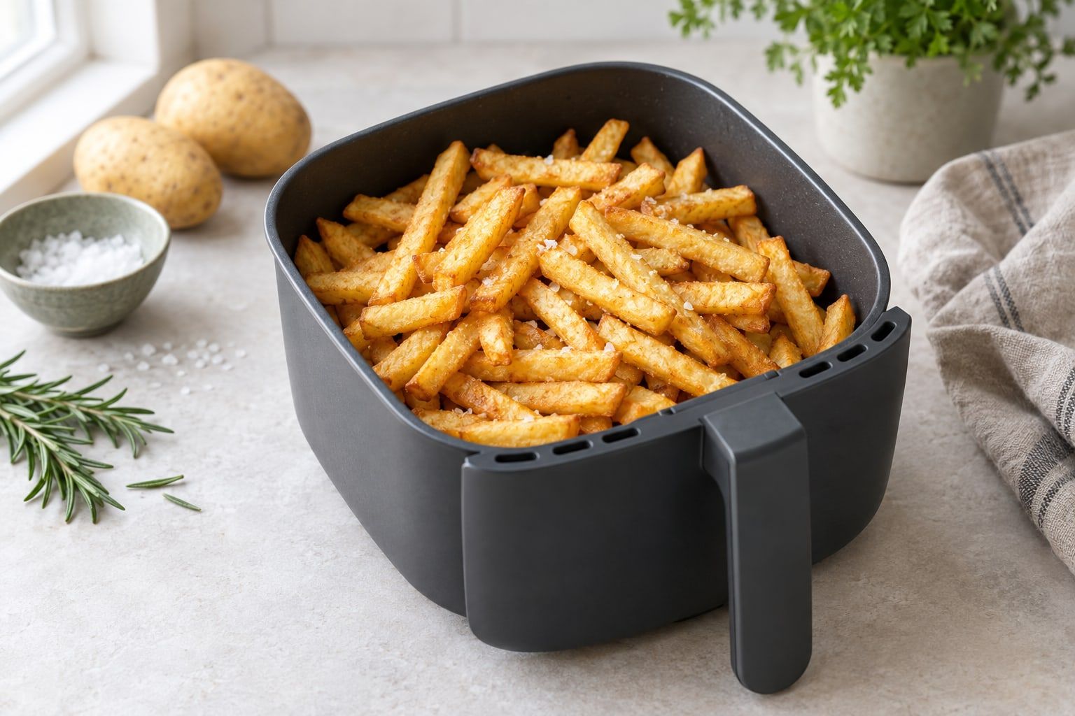 Frysta pommes i airfryer, gyllene och krispiga i en mörkgrå korg med flingsalt