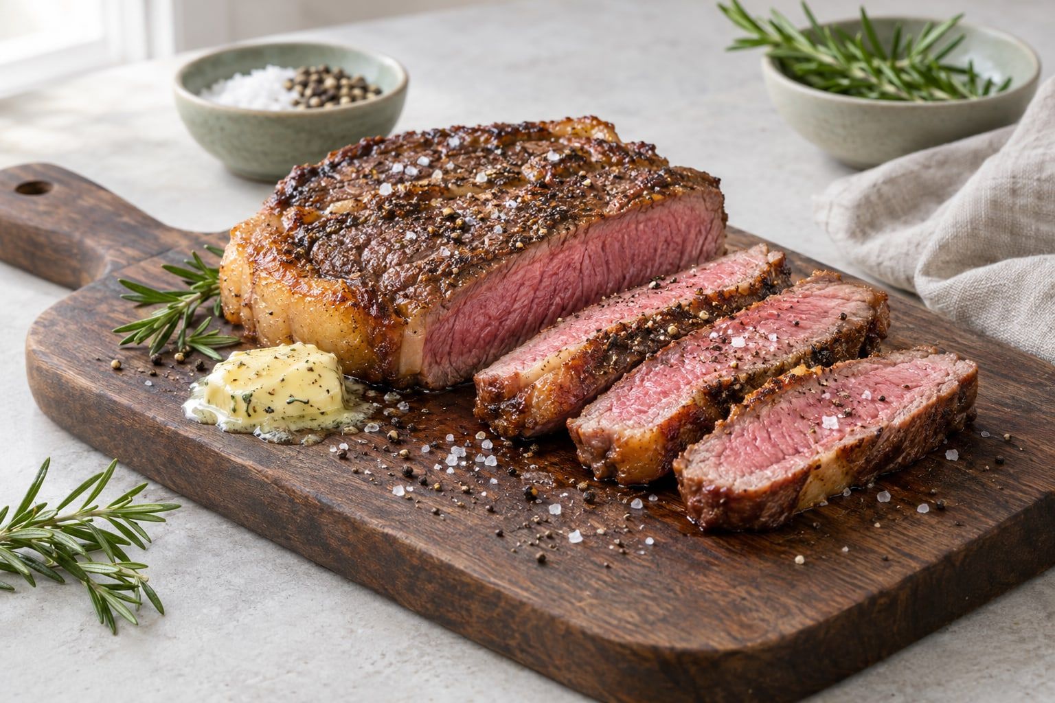 Hel entrecôte i airfryer, delvis skivad på en mörk skärbräda med brynt yta, fettkant och rosa mitt