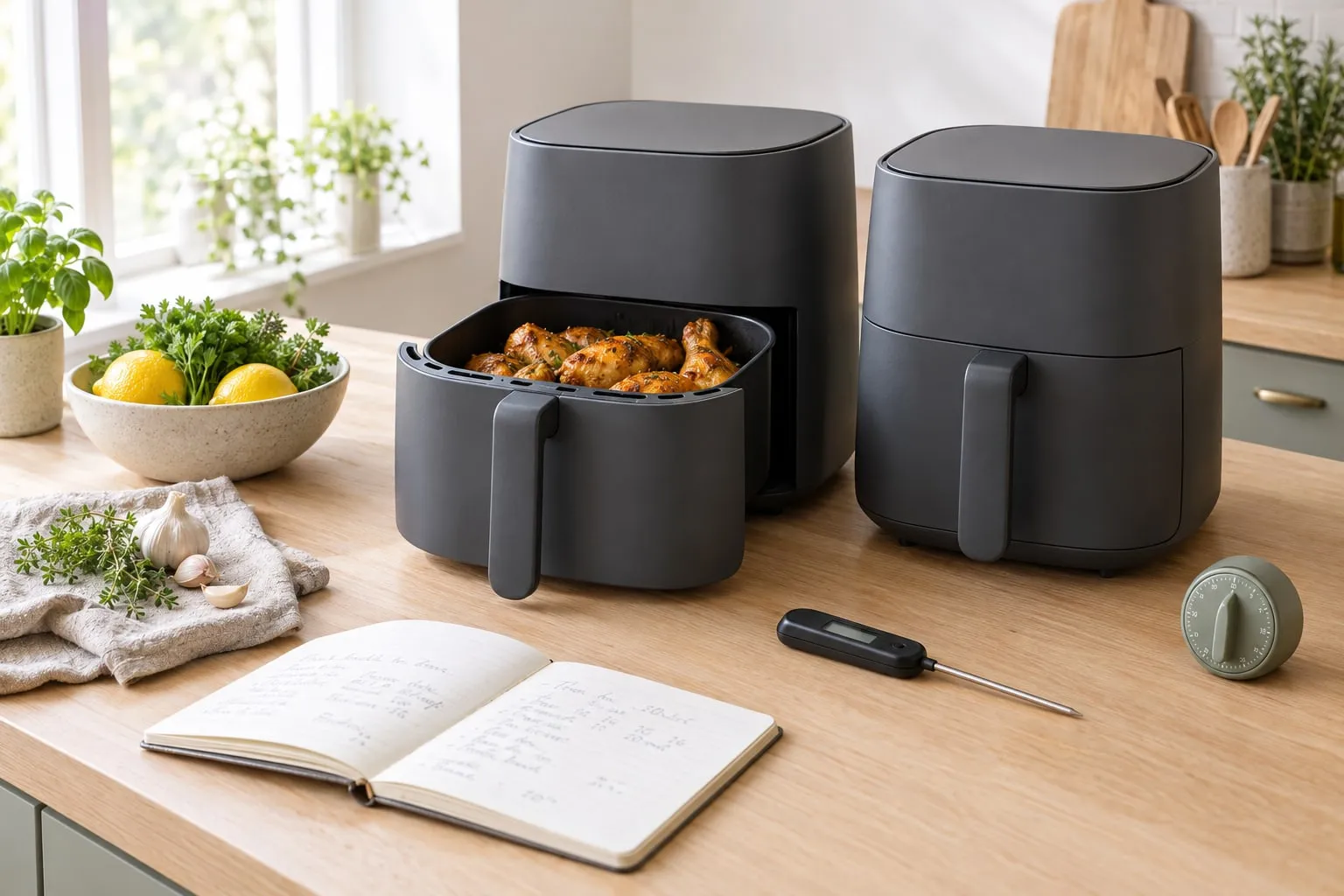 Två airfryer på en köksbänk med stektermometer, anteckningsbok och färska råvaror