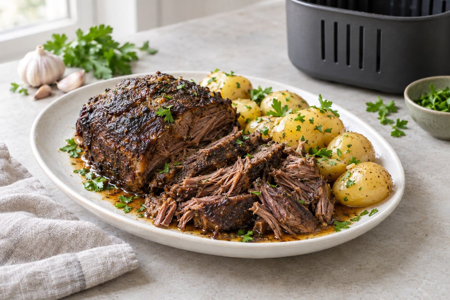 Högrev i airfryer, tjocka möra skivor med brynt yta och glansigt spad på ett vitt fat