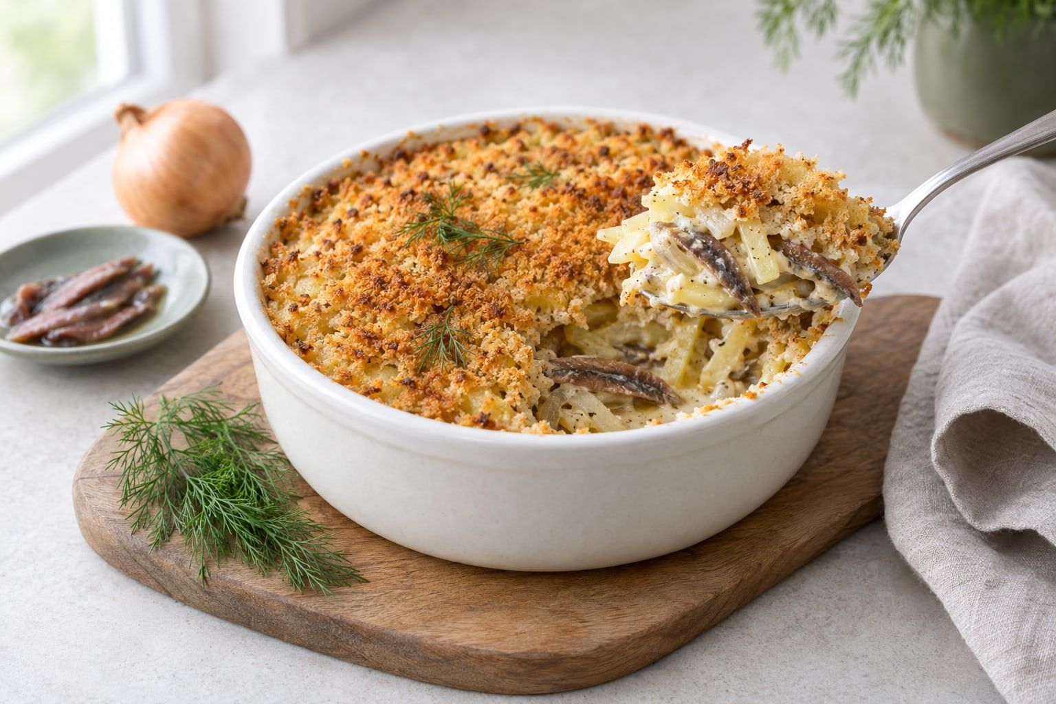 Janssons frestelse i airfryer, liten form med gyllene ströbrödsyta och krämiga potatisstavar