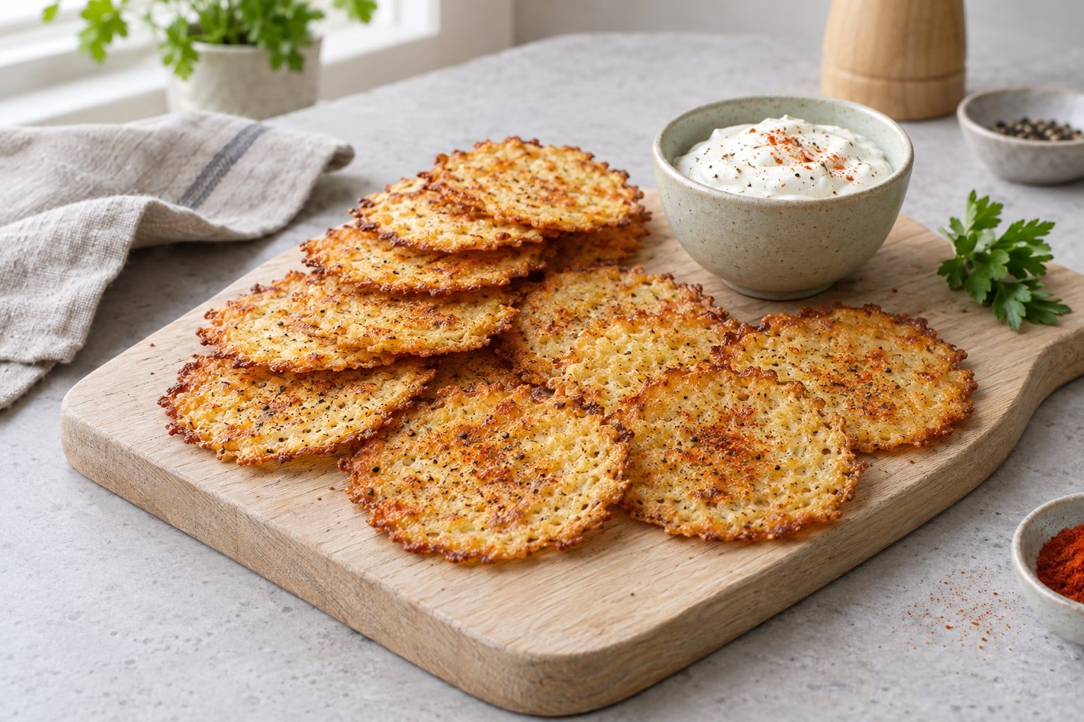 Keso chips i airfryer, tunna runda ostchips med gyllenbruna kanter och svartpeppar på en träbräda