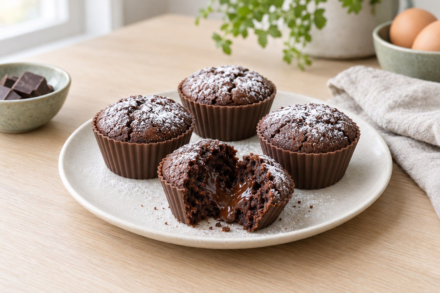 Kladdkakemuffins i airfryer, fyra chokladmuffins med florsocker, en delad med kladdig mitt