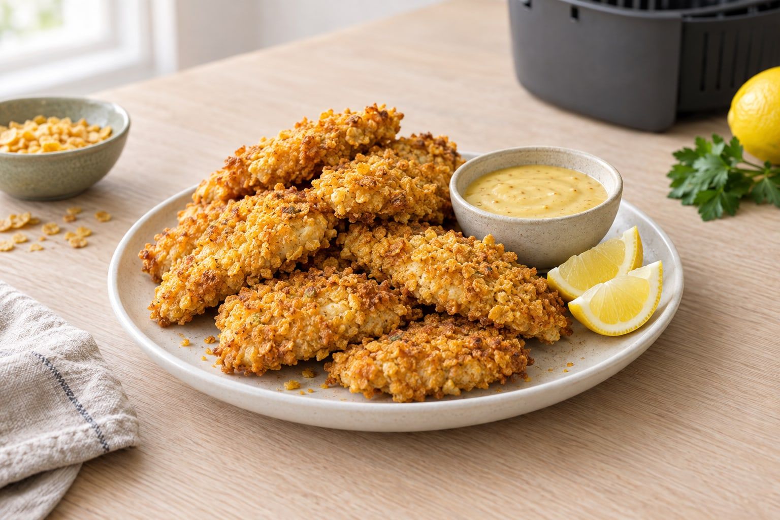 Kyckling med cornflakes i airfryer, flata filébitar med gyllene knaster på ett vitt fat
