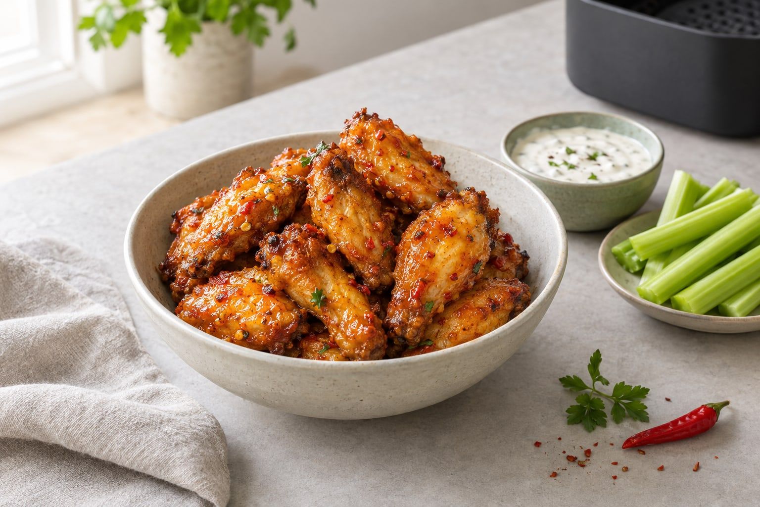 Kycklingvingar i airfryer, glaserade och knapriga i en skål med chilisås