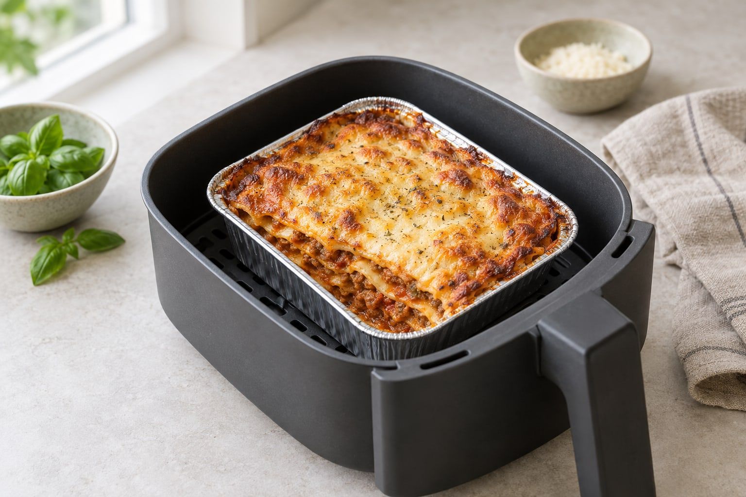 Lasagne i airfryer, ostgratinerad yta i en liten aluform i den mörka korgen