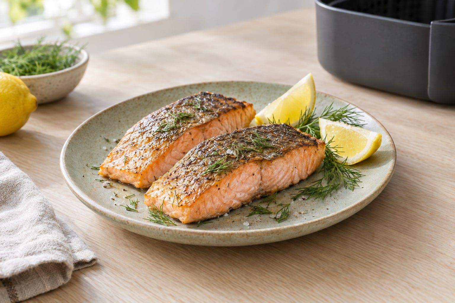 Lax i airfryer, två laxfiléer med krispigt skinn, citronklyftor och dill