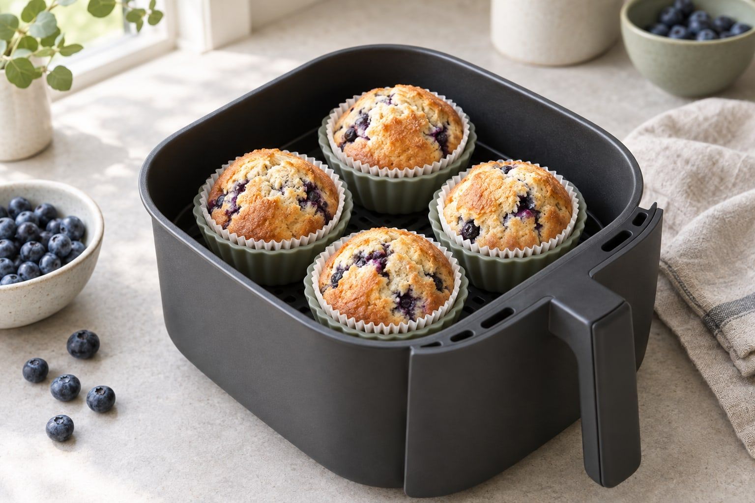 Muffins i airfryer, fyra gyllene blåbärsmuffins i pappersformar i en mörkgrå airfryerkorg