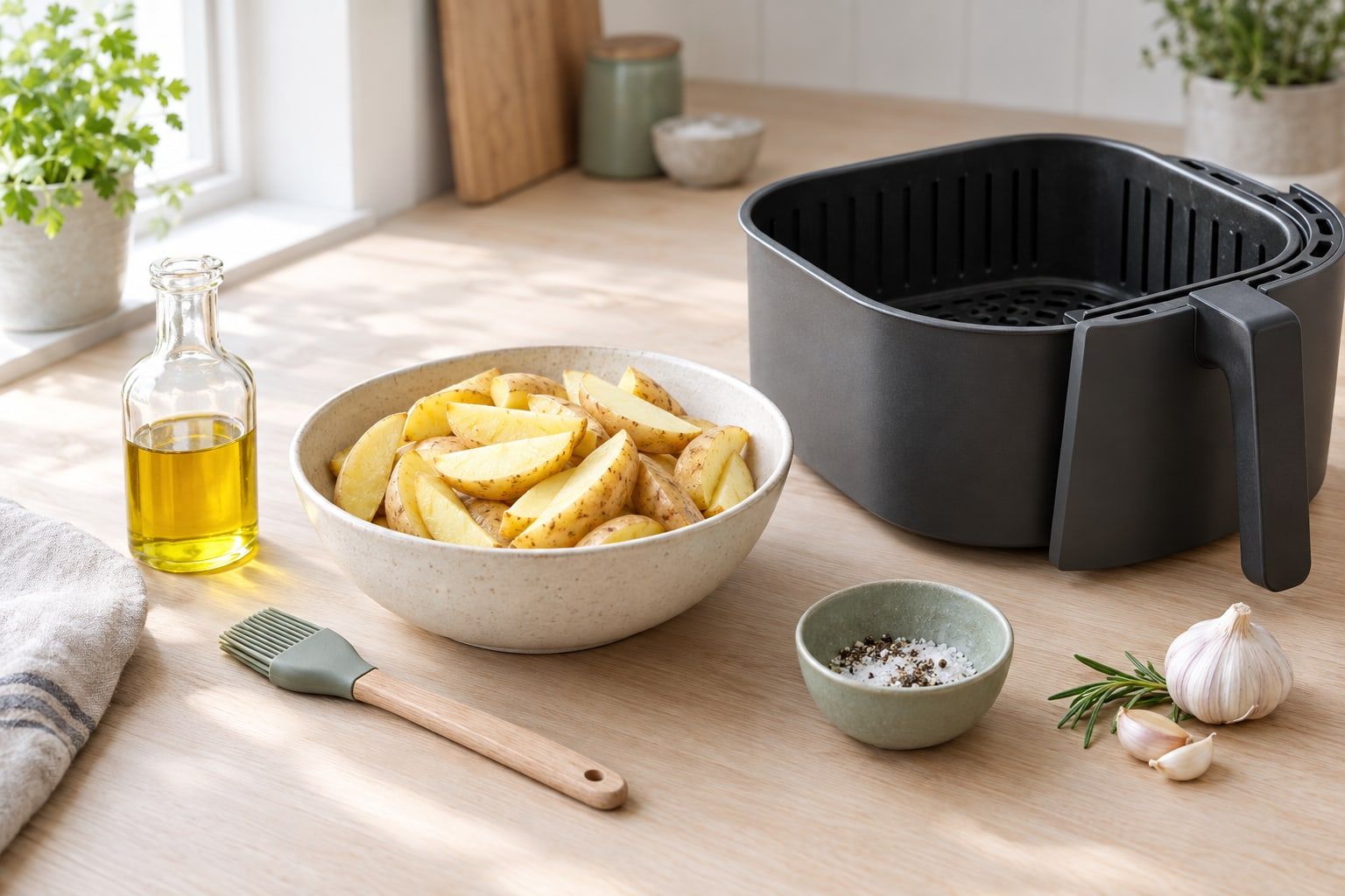 Olja i airfryer – en liten flaska rapsolja och en pensel bredvid en korg med potatisklyftor
