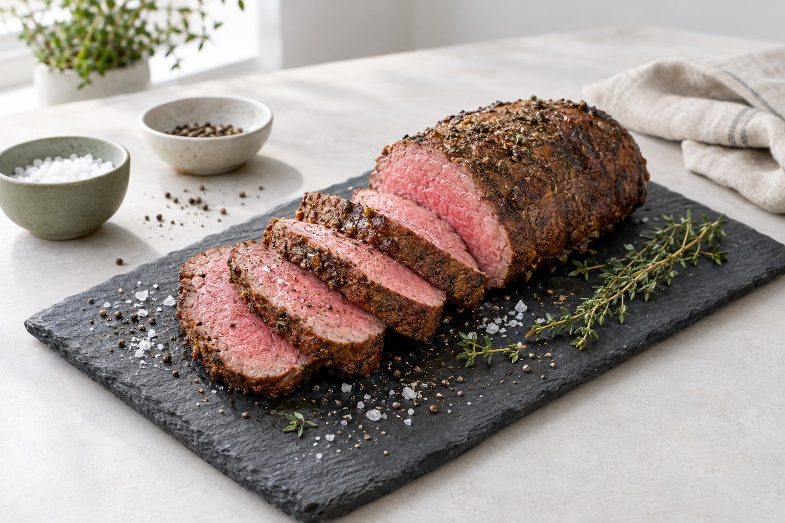Oxfilé i airfryer, skivad i tjocka rundlar med rosa kött och brynt yta på en mörk skiffer