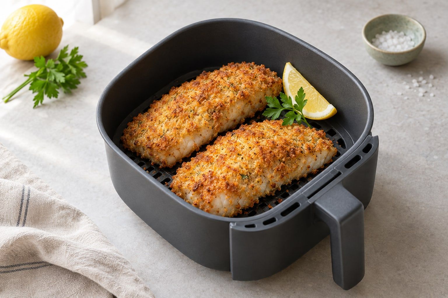 Panerad torsk i airfryer, två gyllene krispiga torskfiléer i korgen med citronklyfta