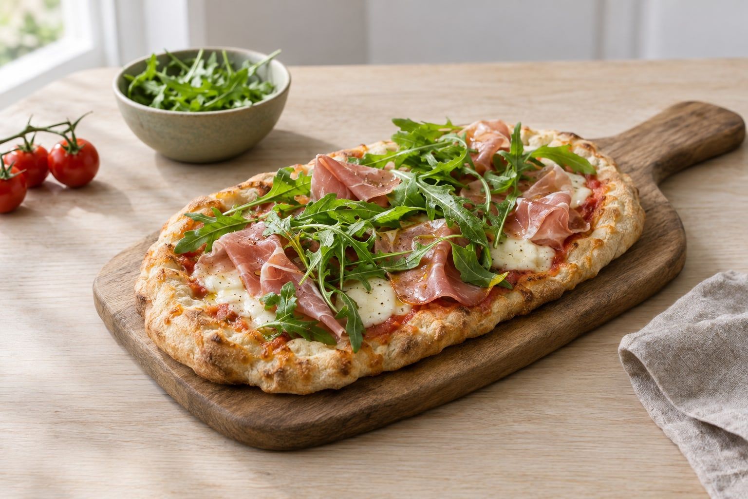 Pinsa i airfryer, oval pinsa med luftig gyllene kant, mozzarella, parmaskinka och ruccola på träbräda
