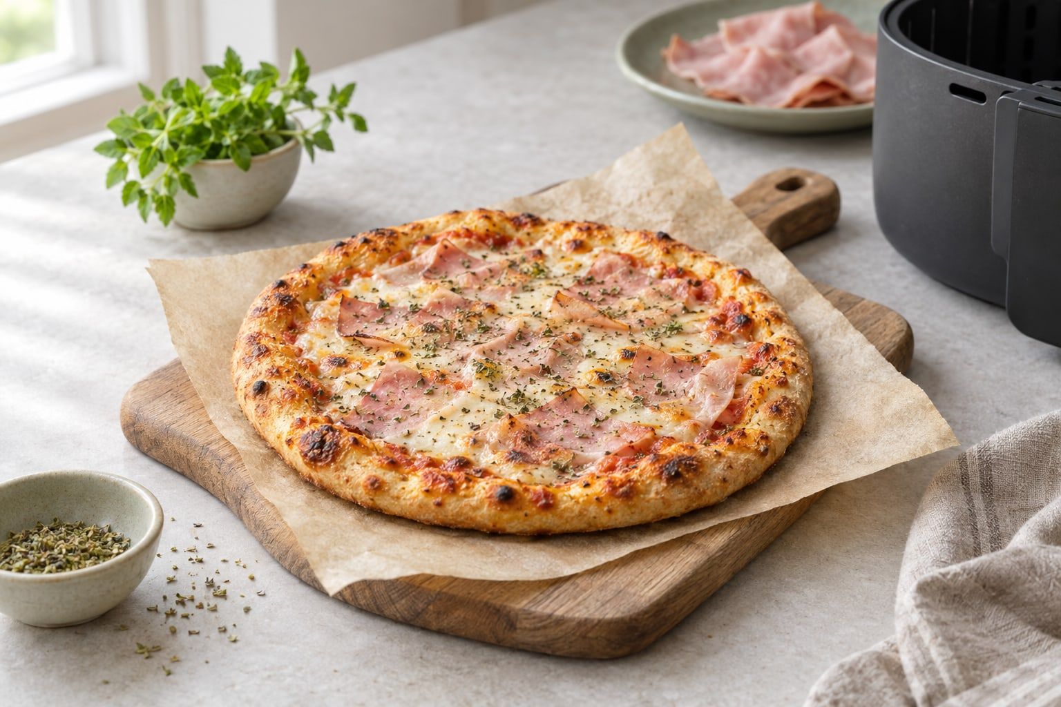 Pizza i airfryer, rund hemmagjord pizza med gyllene kant, smält ost och skinka på bakplåtspapper