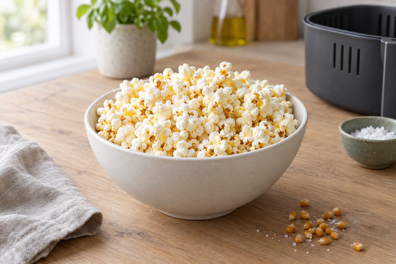 Popcorn i airfryer, luftig och saltad i en stor vit skål