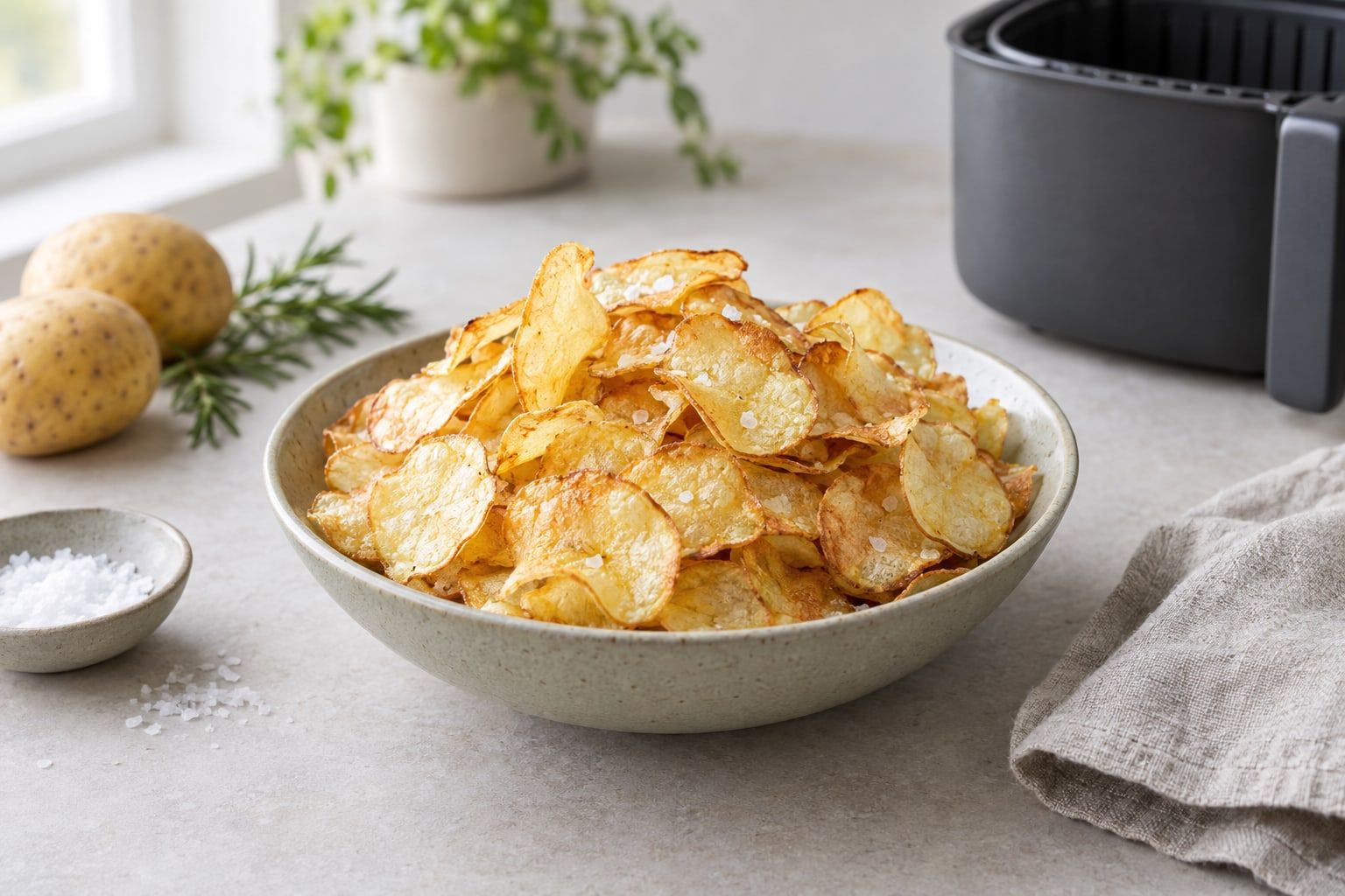 Potatischips i airfryer, tunna ljusgyllene chips med saltflingor i en skål