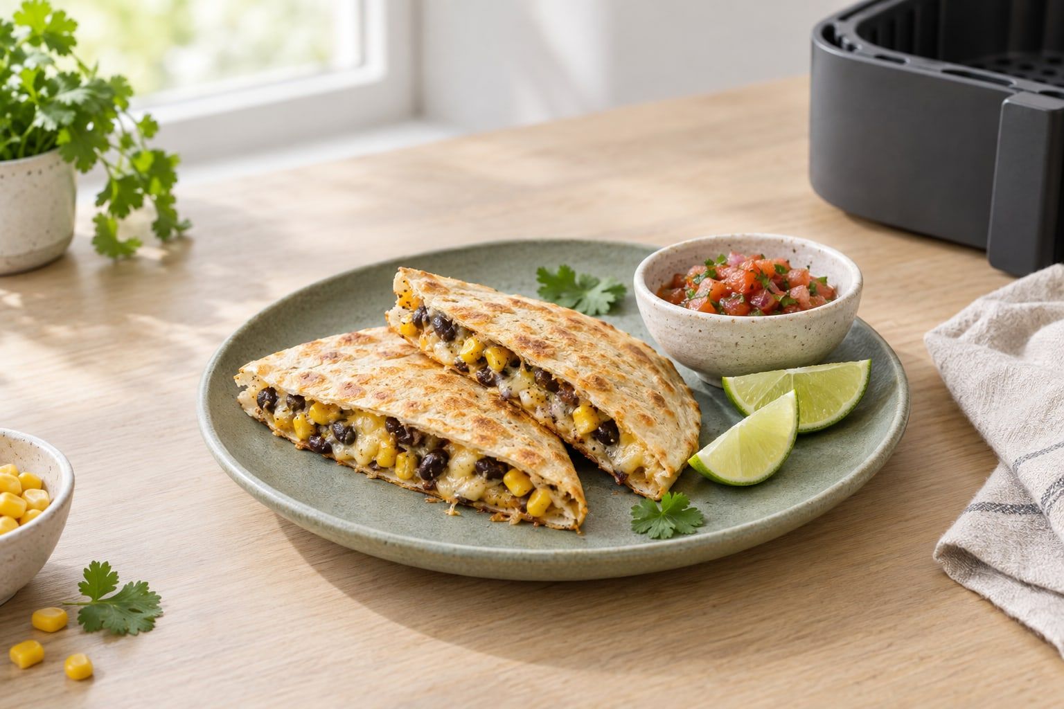Quesadillas i airfryer, skurna halvmånar med smält ost, svarta bönor och majs på en mörk tallrik med salsa