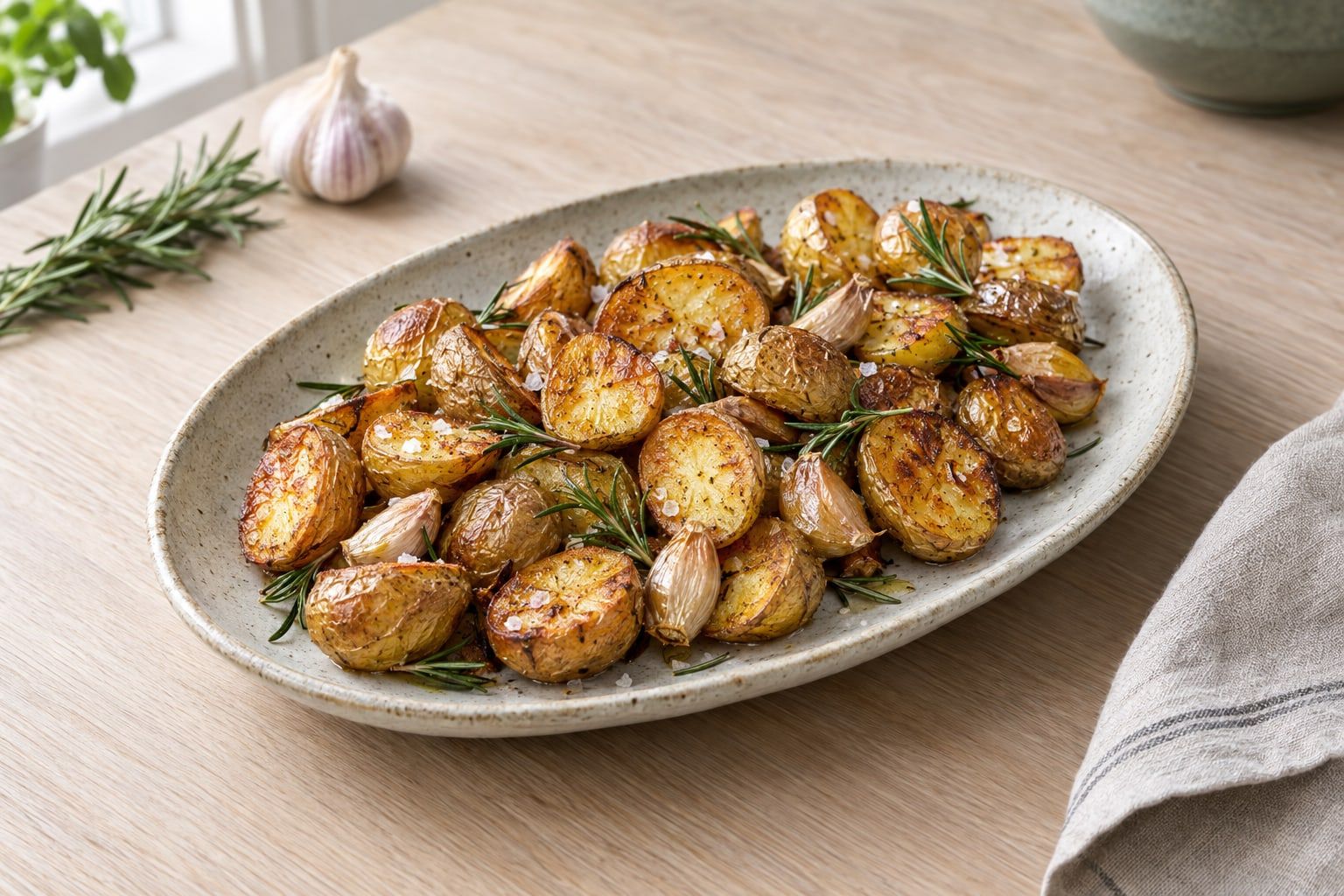 Rostad potatis i airfryer, halverad delikatesspotatis med gyllene snittyta, rosmarin och rostad vitlök på ett fat
