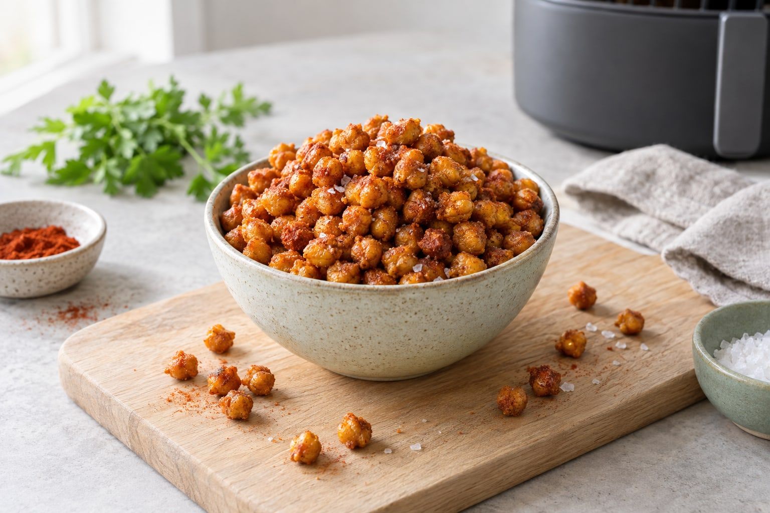 Rostade kikärtor i airfryer, knapriga och gyllenbruna med paprikakrydda i en liten skål