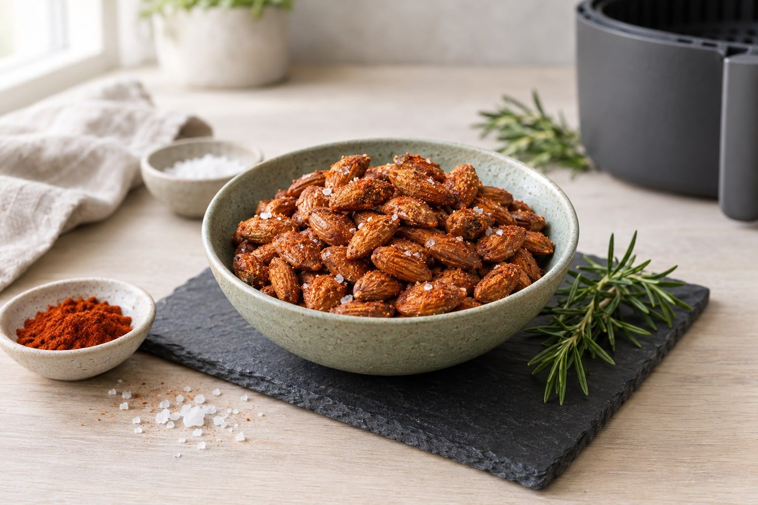 Rostade mandlar i airfryer, saltade och paprikakryddade i en mörk keramikskål