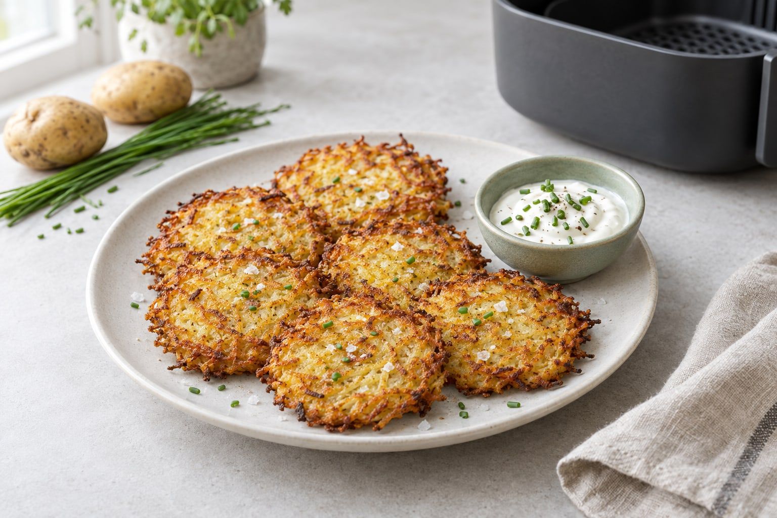 Rösti i airfryer, runda gyllene potatisplättar med krispiga kanter på en vit tallrik med gräddfil