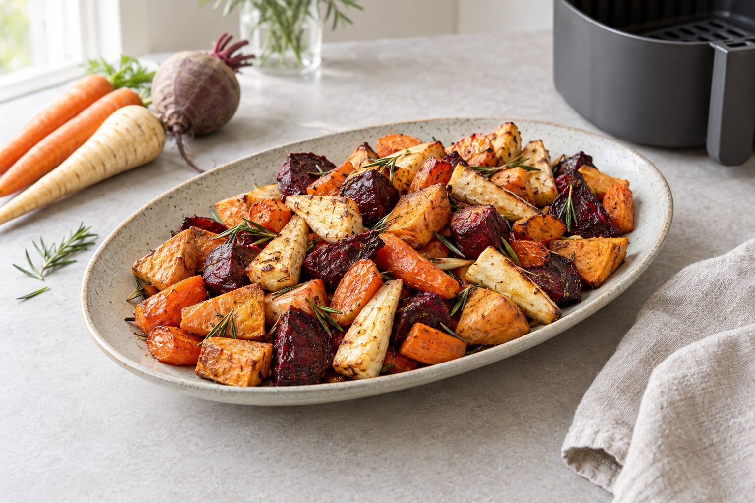 Rotfrukter i airfryer, rostade bitar av morot, palsternacka, rödbeta och sötpotatis på ett fat