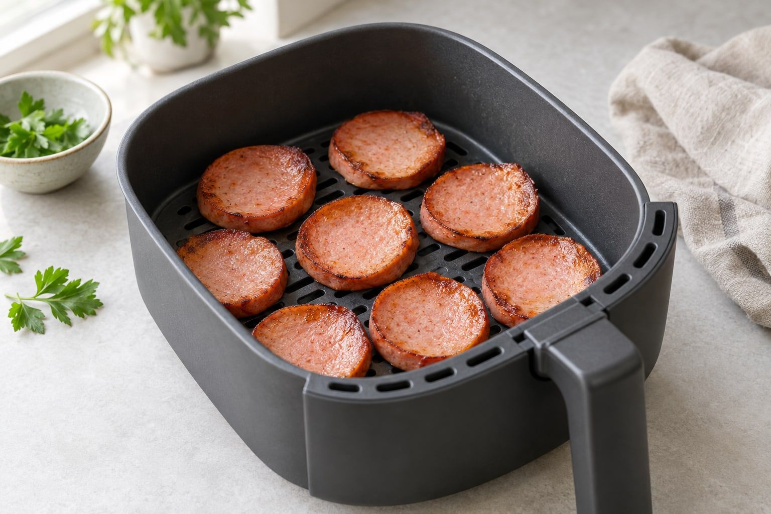 Skivad falukorv i airfryer, tjocka skivor med bruna kanter i airfryerkorgen