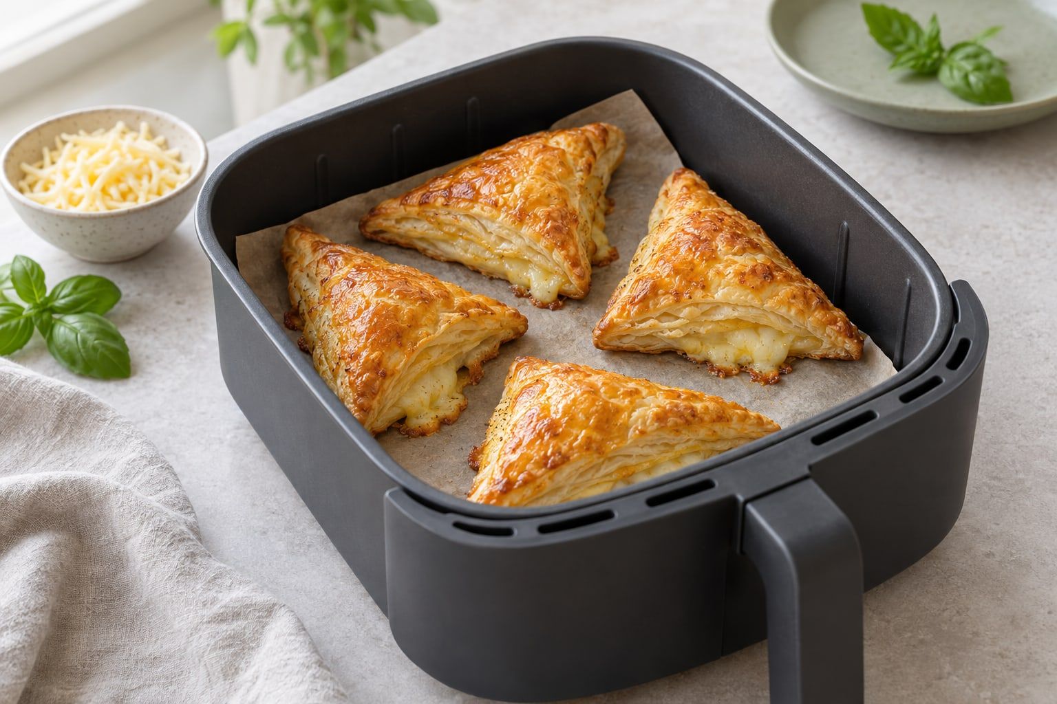 Smördeg i airfryer, fyra gyllene fyllda trianglar med flagig yta i en airfryerkorg